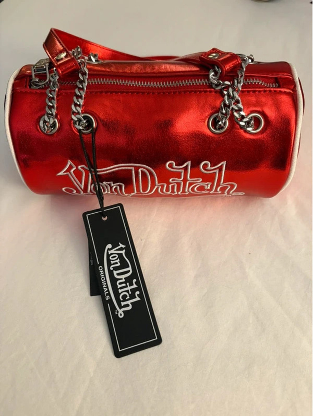 Von Dutch Red Metallic Barrel Bag Y2K Shoulder Purse NWT